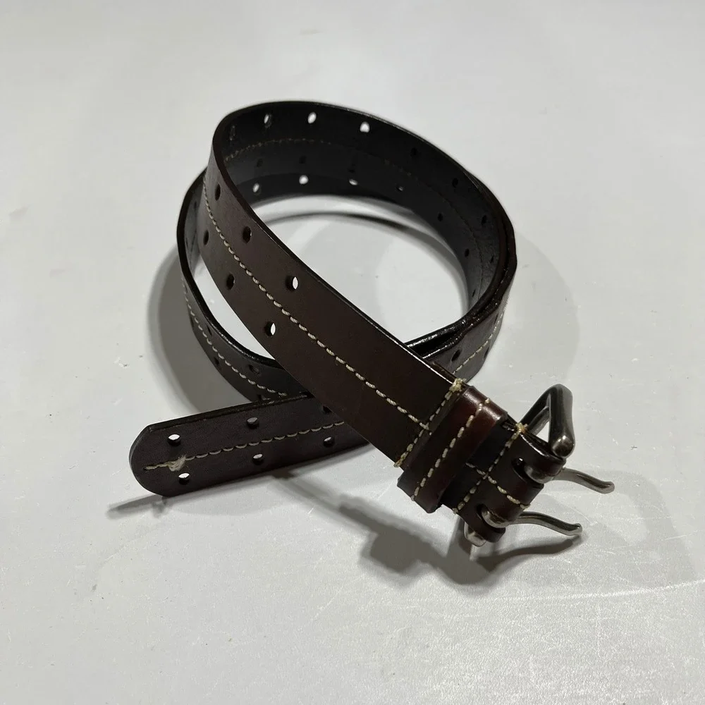Mens‎ Brown Genuine Leather Double Prong Belt Contrast Stitch Medium Old Money
